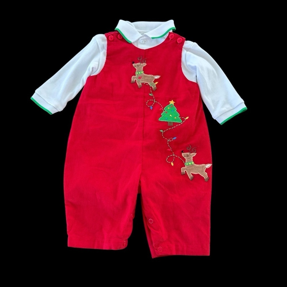 NWT Petit Ami size 6 months Baby Boys Red Corduroy Reindeer Overall Set 2 Piece‎